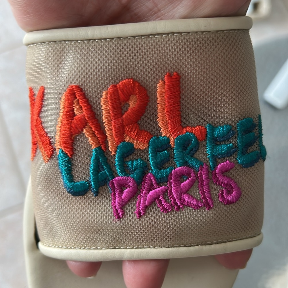 Karl Lagerfeld Cream Slides with Colorful Embroidery - Picture 2 of 6